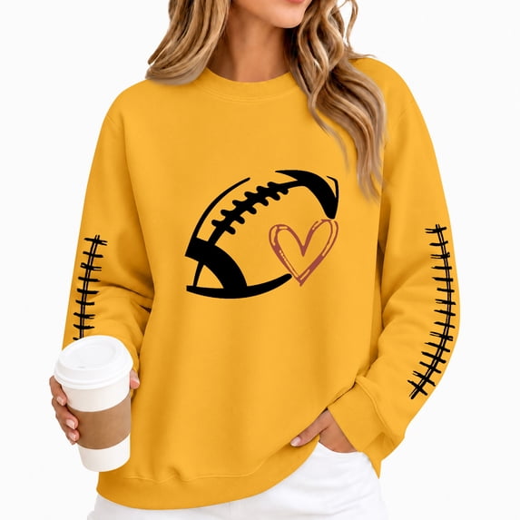 Womens Game Day Sweatshirt Features Crew Neck Long Sleeves Football Heart Graphic Sleeve Print And Casual Pullover Styling