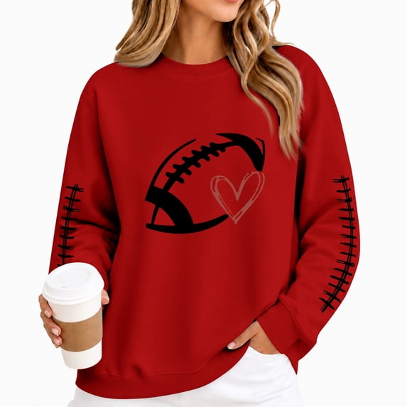 Womens Game Day Sweatshirt Features Crew Neck Long Sleeves Football Heart Graphic Sleeve Print And Casual Pullover Styling