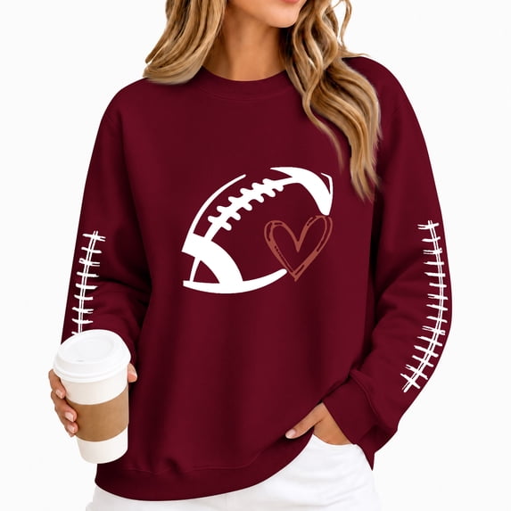 Womens Game Day Sweatshirt Features Crew Neck Long Sleeves Football Heart Graphic Sleeve Print And Casual Pullover Styling