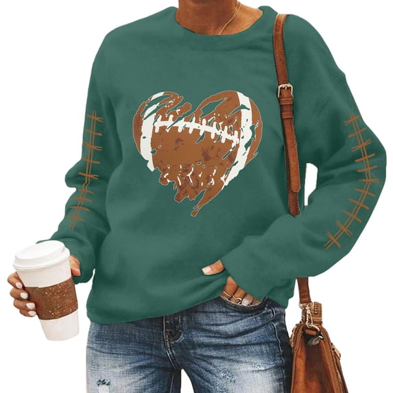 Womens Game Day Sweatshirt Football Fan Letter Print Long Sleeve Top,Casual Crewneck Pullover with Graphic Design,Plus Size Oversized Weekend Shirt Blackish Green M