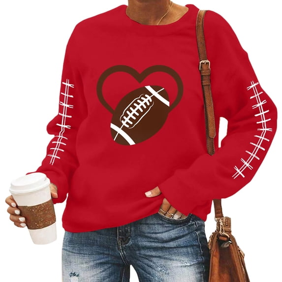 Womens Game Day Sweatshirt Football Fan Letter Print Long Sleeve Top,Casual Crewneck Pullover with Graphic Design,Plus Size Oversized Weekend Shirt Red XL