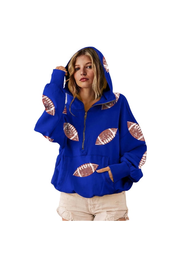 Womens Game Day Sweatshirts Football Sequin Half Zip Hoodies Tailgate Outfits Casual Long Sleeve Pullover Tops with Pocket
