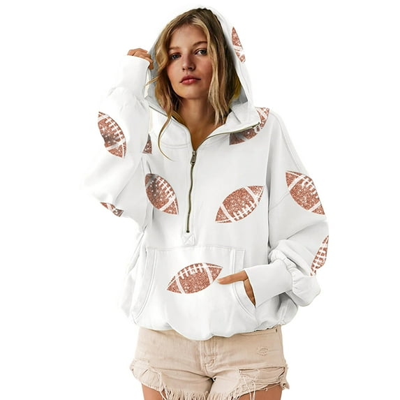 Womens Game Day Sweatshirts Football Sequin Hoodies Tailgate Outfits Long Sleeve Zipper Sweaters with Pocket