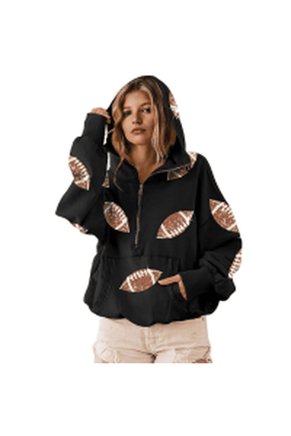 Womens Game Day Sweatshirts Football Sequin Hoodies Tailgate Outfits Long Sleeve Zipper Sweaters with Pocket