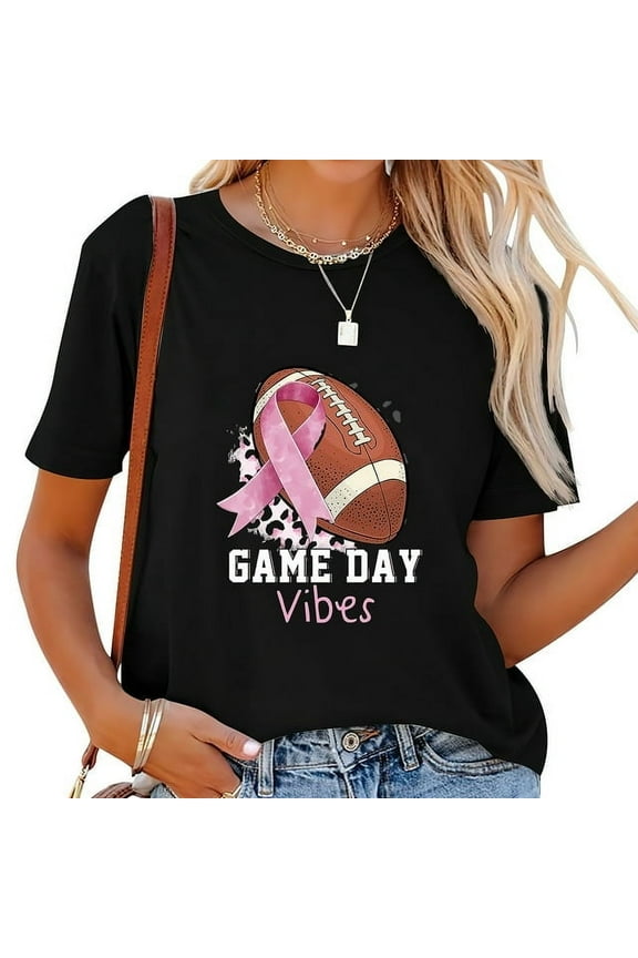 Womens Game Day Vibes Pink Football Breast Cancer Awareness Month Short Sleeve T Shirt Black
