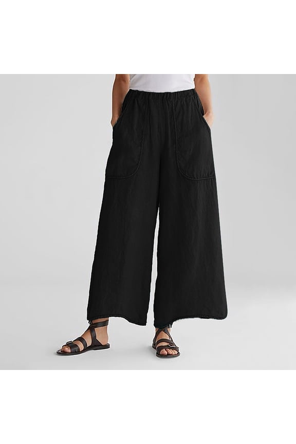 Womens Gaucho Pants Wide Leg Palazzo Pant Flowy Slacks Dressy Casual Trousers Elastic Waist with Pockets Black M