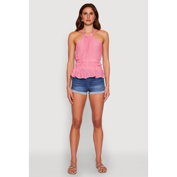 Womens Gauze Knit Halter Peplum Top