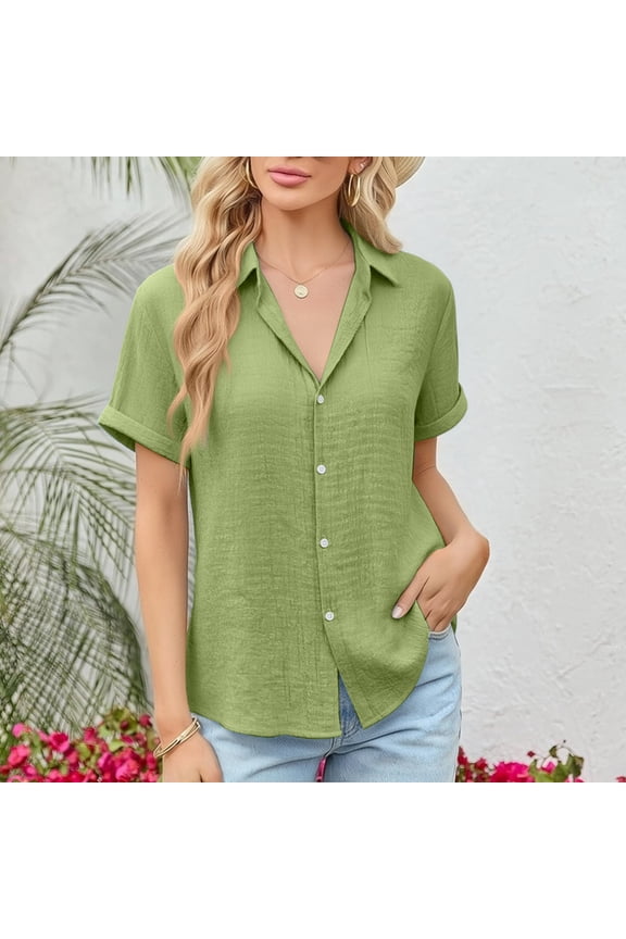 Womens Gauze Shirts Button Down Dress Shirts Casual Short Sleeve Textured Collared Summer Work Blouse Camping Clothes #01Green M