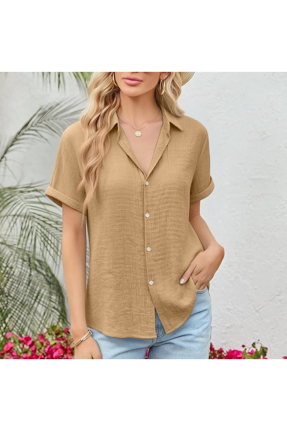 Womens Gauze Shirts Button Down Dress Shirts Casual Short Sleeve Textured Collared Summer Work Blouse Camping Clothes #01Khaki 2XL