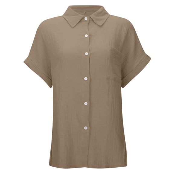 Womens Gauze Shirts Button Down Dress Shirts Casual Short Sleeve Textured Collared Summer Work Blouse Camping Clothes Brown S