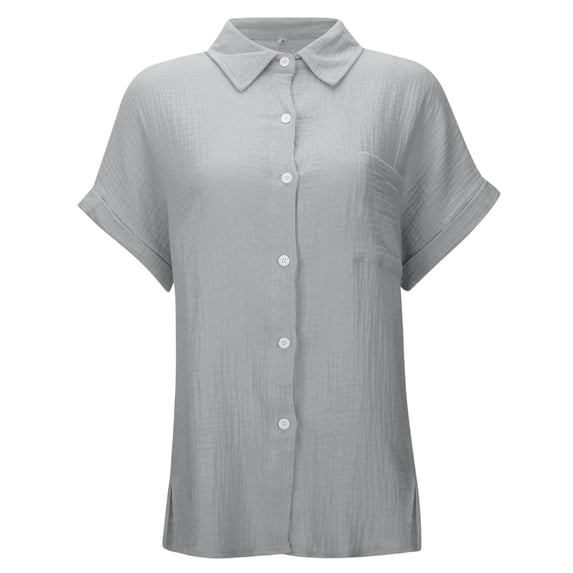 Womens Gauze Shirts Button Down Dress Shirts Casual Short Sleeve Textured Collared Summer Work Blouse Camping Clothes Gray L