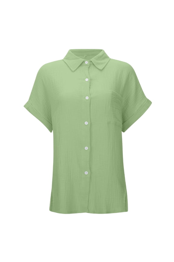 Womens Gauze Shirts Button Down Dress Shirts Casual Short Sleeve Textured Collared Summer Work Blouse Camping Clothes Green XL