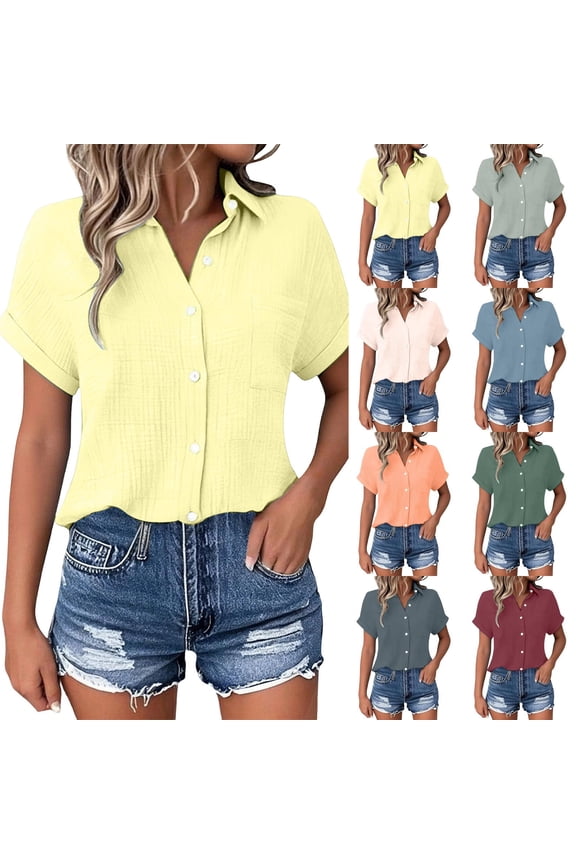 Womens Gauze Shirts Button Down Dress Shirts Short Sleeve Textured Collared Summer Casual Work Blouse Camping Clothes Yellow XL