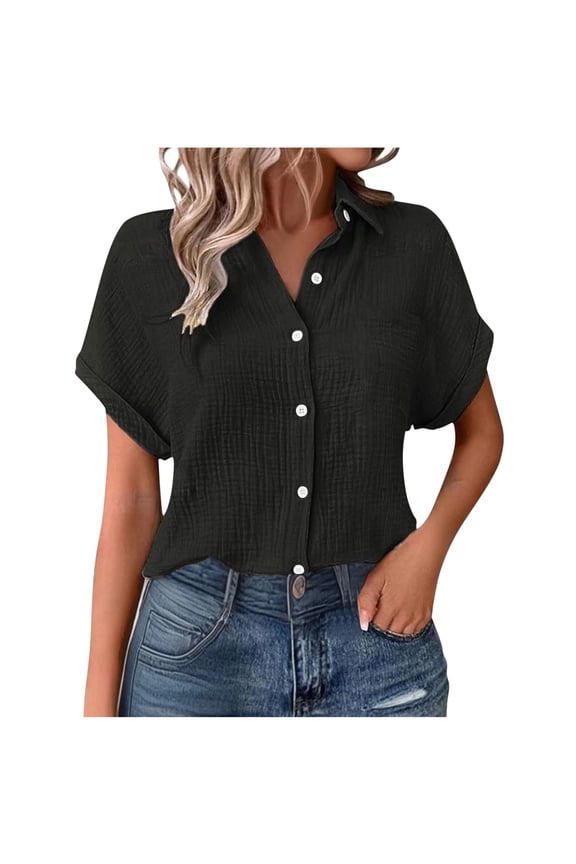 Womens Gauze Shirts Loose Button Down Tops Casual Short Sleeve Textured Collared Summer Crinkle Seersucker Work Blouses