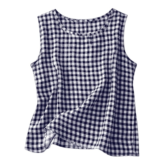 Womens Gauze Tank Tops Trendy Plaid Gingham Boho Blouses Summer Casual Tunic Top Beach Cute Sleeveless Shirt Navy Size XXXL