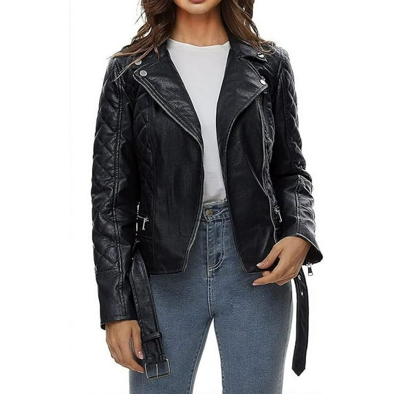 Womens Genuine Black quilted Lambskin Belted Leather Jacket Motorcycle Biker Leather Jacket W214