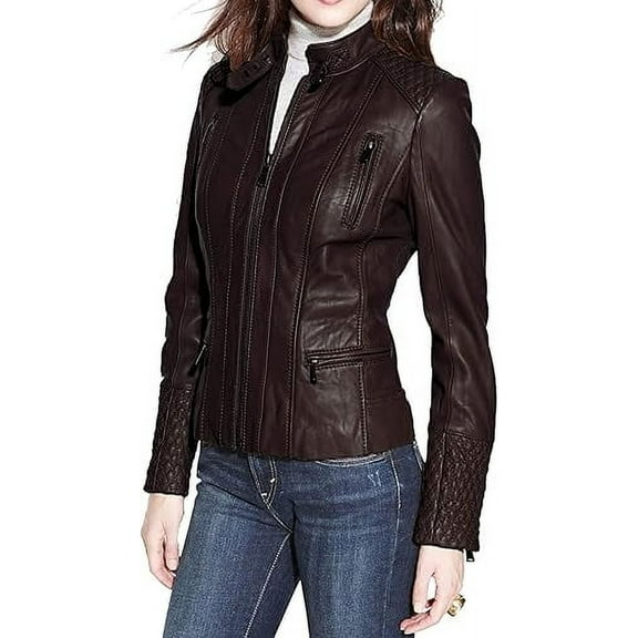 Womens Genuine Brown Lambskin Leather Jacket Motorcycle Biker Leather Jacket W584