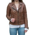 thumbnail image 1 of Womens Genuine Brown Quilted Lambskin Leather Jacket Motorcycle Biker Leather Jacket W569, 1 of 3