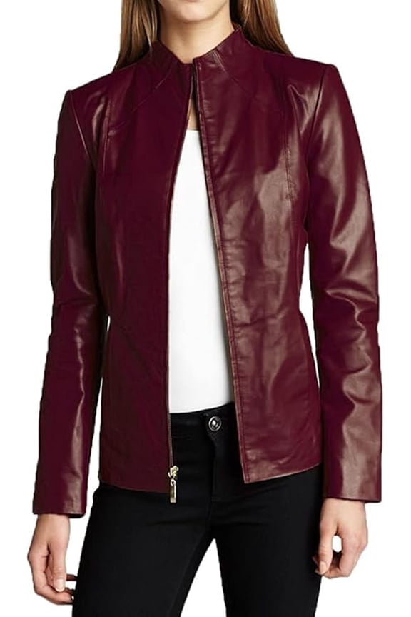 Womens Genuine Burgandy Red Lambskin Leather Jacket Motorcycle Biker Leather Jacket W297