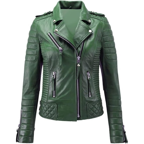 Womens Genuine Dark Green Quilted Lambskin Leather Jacket Motorcycle Biker Leather Jacket W179