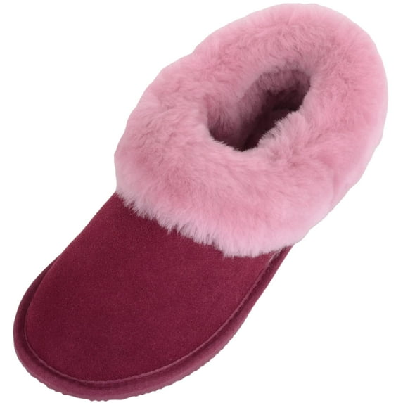 Womens Genuine Full Sheepskin Boot Slipper with Thick Sheepskin Cuff - Wine - US 6