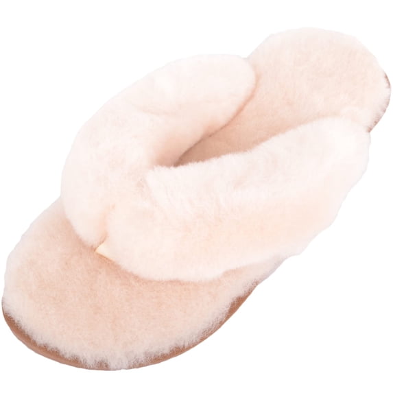 Womens Genuine Full Sheepskin Slip On Toe Post Flip Flop Slider Slippers - Apricot - US 6
