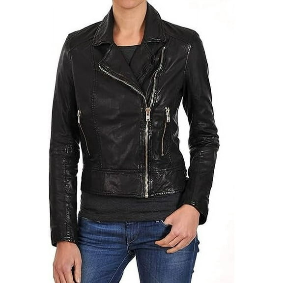 Women's Genuine Black Lambskin Leather Jacket Motorcycle Slim Fit Biker Jacket W662