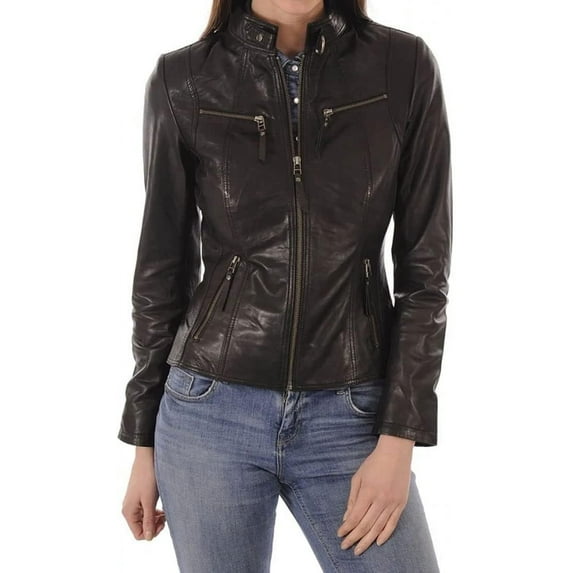 Womens Genuine Lambskin Leather Jacket Motorcycle Biker Leather Brown Jacket W155
