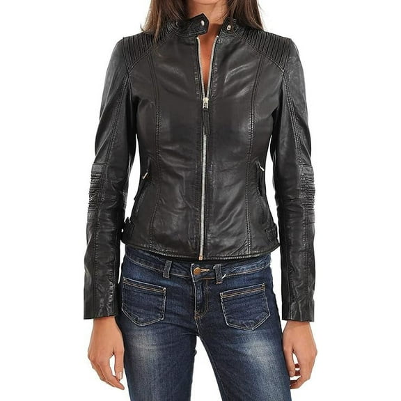 Womens Genuine Lambskin Leather Jacket Motorcycle Biker Leather Jacket W042
