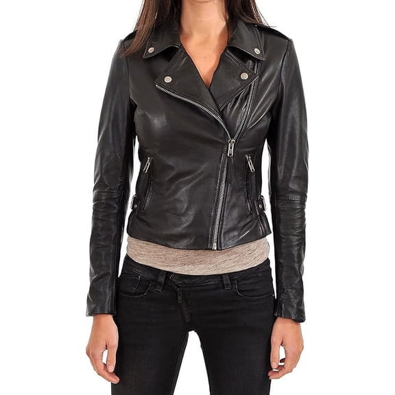 Womens Genuine Lambskin Leather Jacket Motorcycle Biker Leather Jacket W046