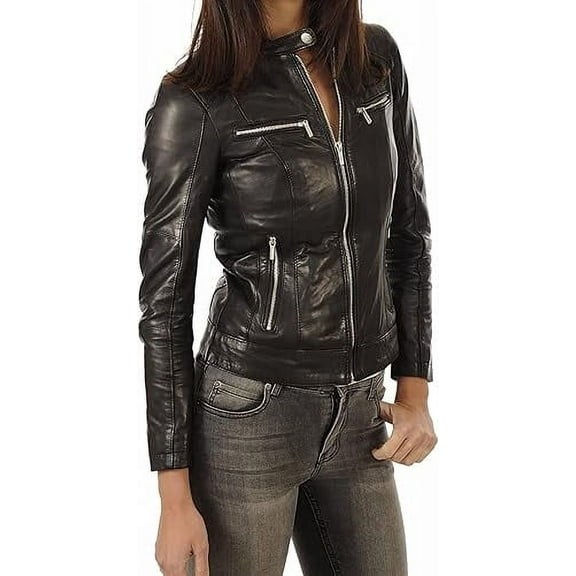 Womens Genuine Lambskin Leather Jacket Motorcycle Biker Leather Jacket W067