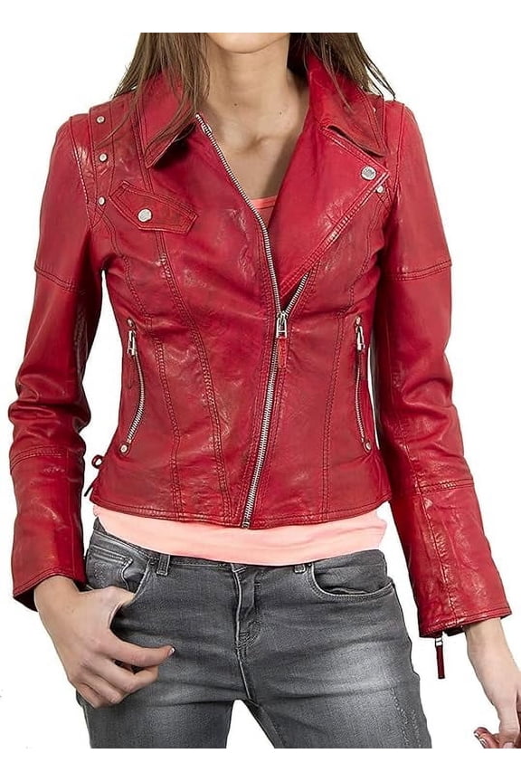 Womens Genuine Lambskin Leather Jacket Motorcycle Biker Leather Red Jacket W087