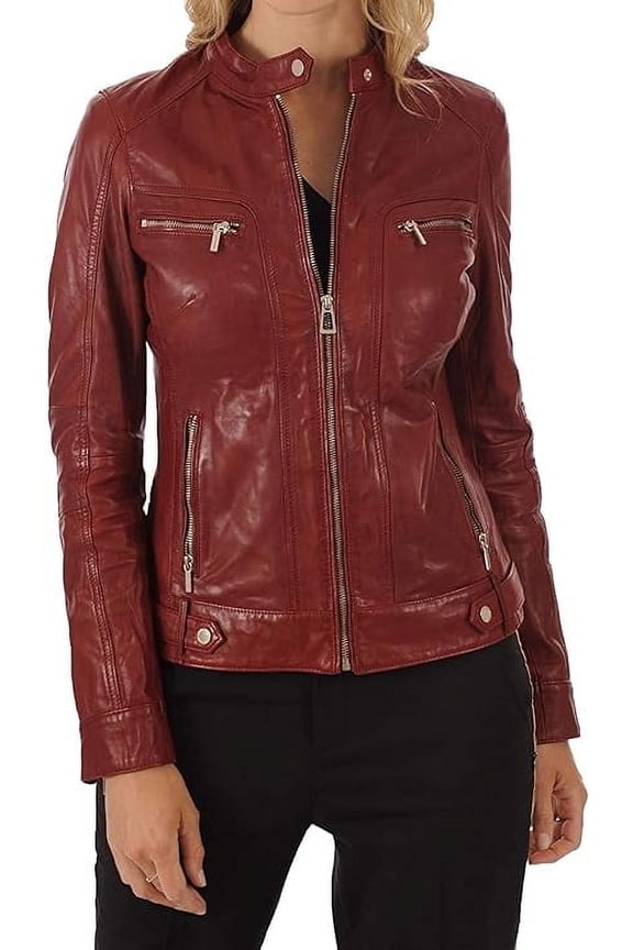 Womens Genuine Lambskin Leather Jacket Motorcycle Biker Leather Red Jacket W089