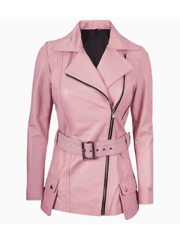 Womens Genuine Lambskin Pink Leather Jacket Moto Biker Slim Fit Jacket