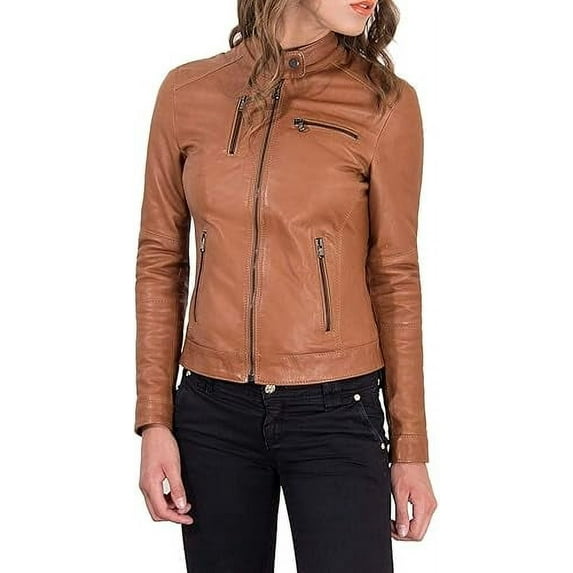Womens Genuine Tan Lambskin Leather Jacket Motorcycle Biker Leather Jacket W530