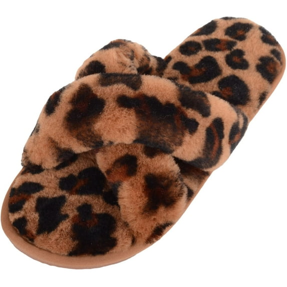 Womens Genuine Thick Sheepskin Open Back Peep Toe Cross Over Slipper Slider - Leopard - US 5