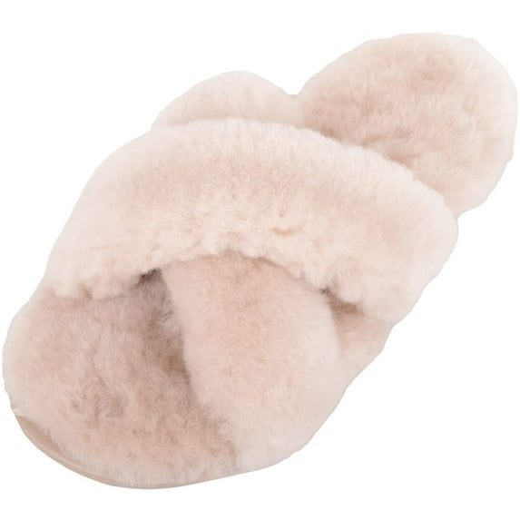 Womens Genuine Thick Sheepskin Open Back Peep Toe Cross Over Slipper Slider - Oyster - US 9