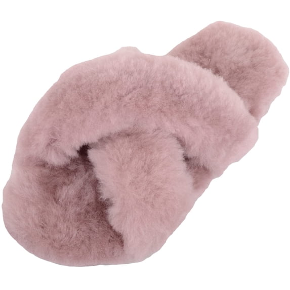 Womens Genuine Thick Sheepskin Open Back Peep Toe Cross Over Slipper Slider - Pink/Mink - US 11