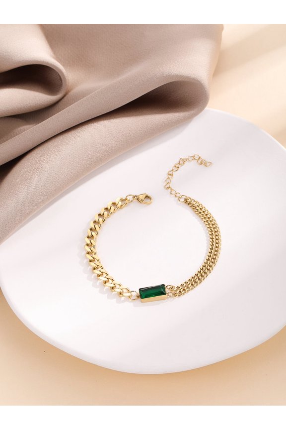 Womens Geometric Copper Bracelet Green Zircon Retro Metal Chain Thick Chain Personality Bracelet Emerald Green Fashion