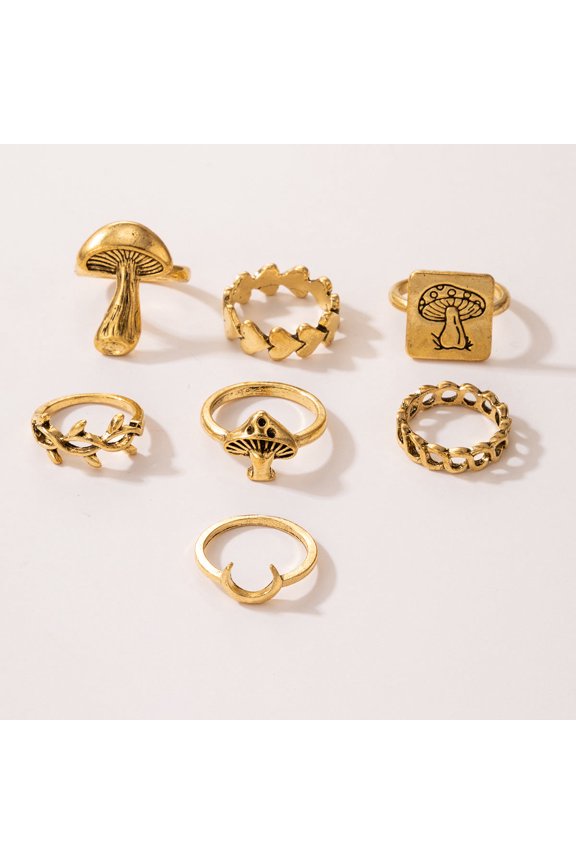 Womens Geometric Fashion Alloy Moon Mushroom Love Ring Set (7 Rings) Electroplated Gold Silver