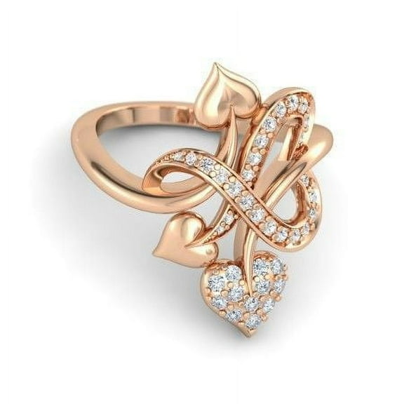 Womens Geometric Openwork Ring Peach Heart Design Rose Gold Alloy Ring with Artificial Gemstones Fashion Jewelry Gift for Her Elegant Ring