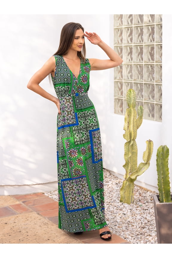 Womens Geometric Print V-Neck Maxi Dress