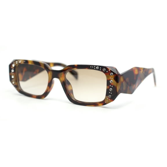 Womens Geometric Square Bevel Rectangle Rhinestone Jewel Plastic Sunglasses Tortoise - Brown