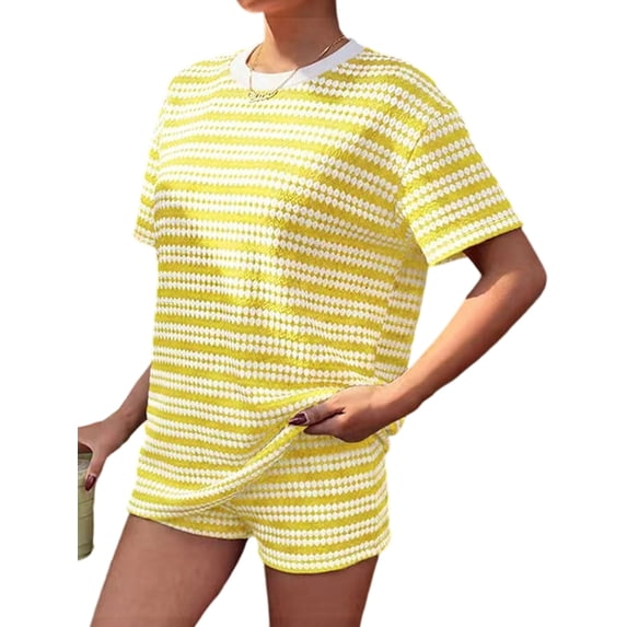 Womens Geometric Stripe Short Sleeve T-Shirt and Shorts Loungewear Set Yellow M