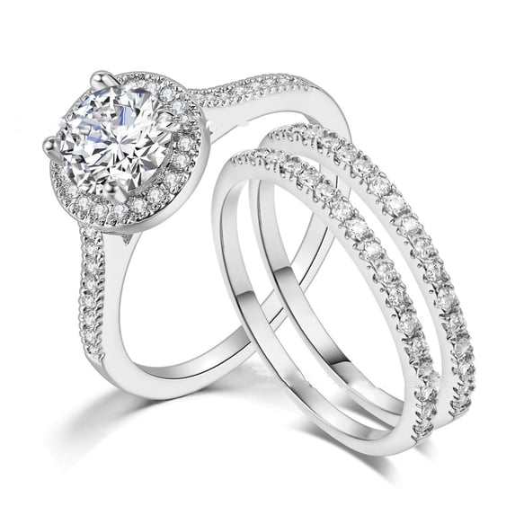 Womens Geometric Zircon Inlaid Copper Engagement Ring Set, 3 Piece, European American Style
