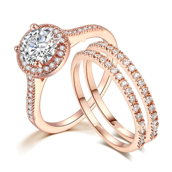 Womens Geometric Zircon Inlaid Copper Engagement Ring Set, 3 Piece, European American Style