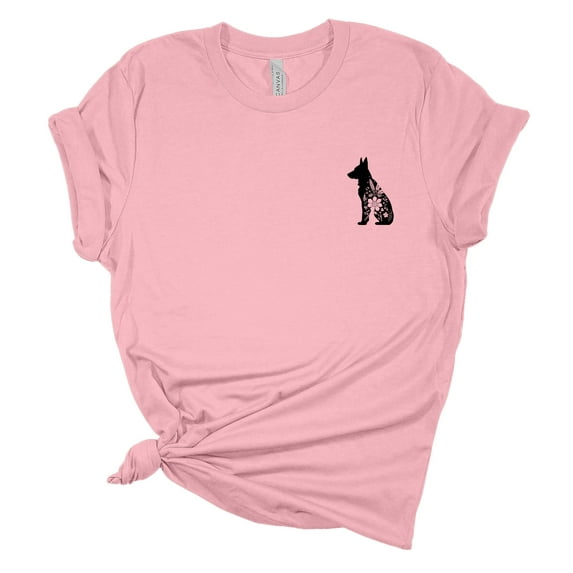 Womens German Shepherd Tshirt Floral German Shepherd Crest Short Sleeve T-shirt-Light Pink-medium