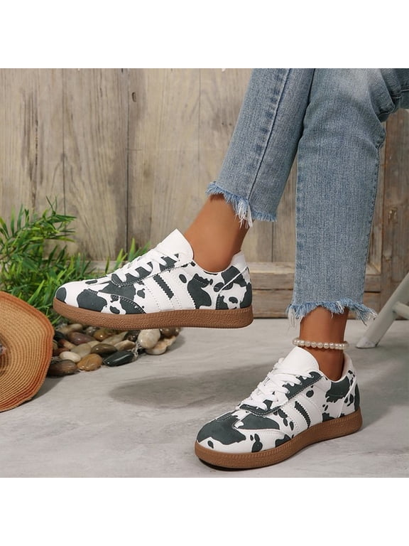 Womens German Trainers Cow Print Sneakers Retro T Toe Flats,Comfortable Lightweight Breathable Lace Up Design For Walking Travel,Non Slip Durable Gum Sole Fashion Silent Cushion Footwear