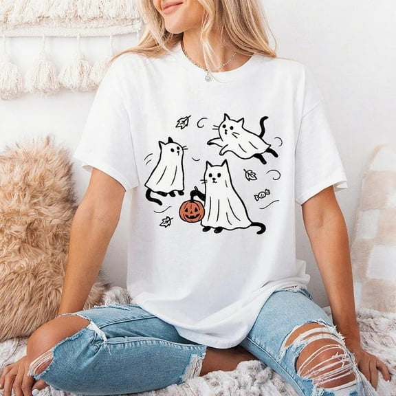 Womens Ghost Cat Graphic Tee Vintage T Shirt Tops Cotton Comfortable Short Sleeve Round Neck White S-5XL