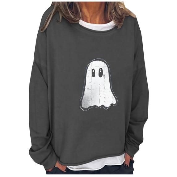 Womens Ghost Crewneck Sweatshirts Halloween Fake Two-Piece Sweat Shirts Long Sleeve Pullover Loose Fall Tops Gray, XL